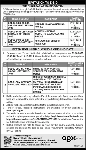 Oil & Gas Development Company Limited Islamabad Tender Notice